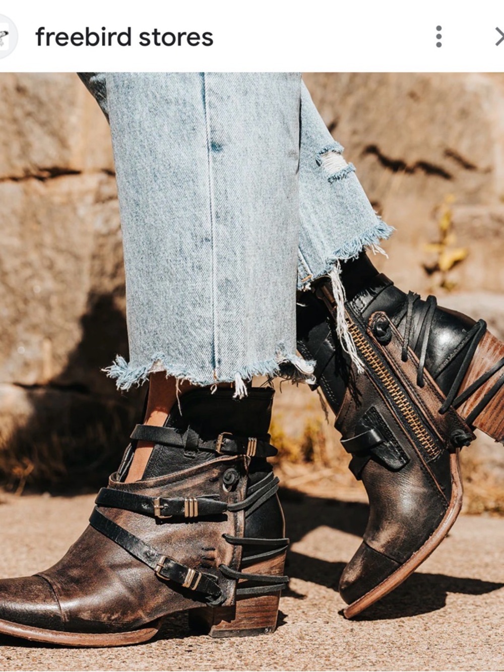 freebird Distressed Leather Wrap-Strap Ankle Boots in Black and Brown